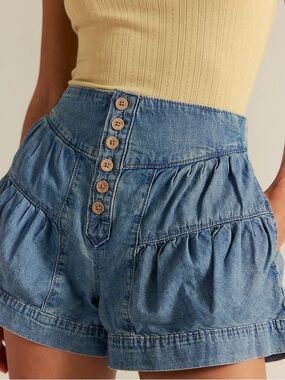 We The Free High-Waist Tiered Chambray Shorts - Light Blue